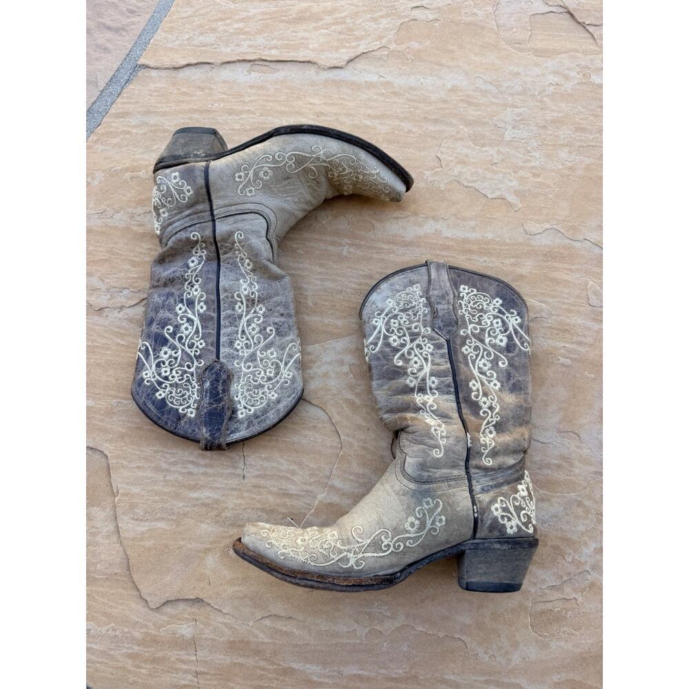 Corral Boots Teens 4 Leather Bone Embroidered Western Square Toe Cowgirl Rodeo